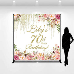 Aperturee - Aperturee Personalized 70th Birthday Custom Backdrop Gold Glitter Drips and Elegant Watercolor Floral Design for Party