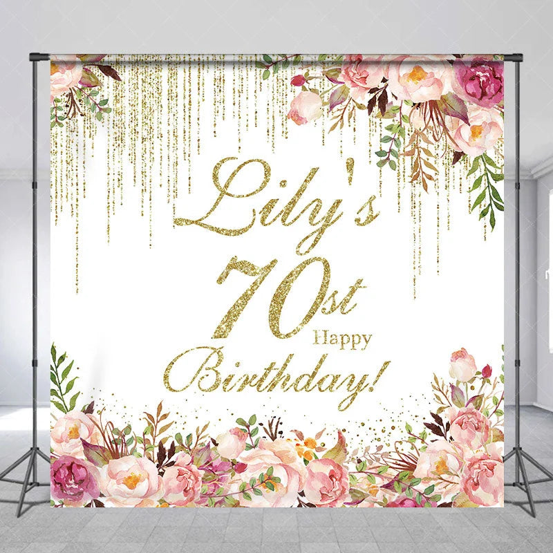 Aperturee - Aperturee Personalized 70th Birthday Custom Backdrop Gold Glitter Drips and Elegant Watercolor Floral Design for Party