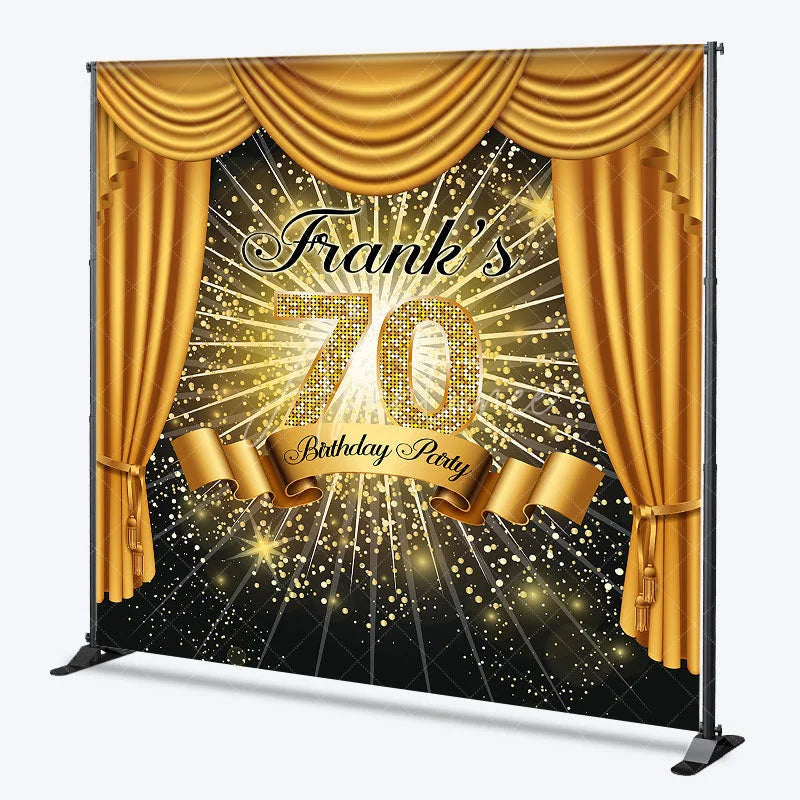 Aperturee - Aperturee Personalized 70th Birthday Party Backdrop Hollywood Gold Curtains and Spotlight Custom Name VIP Event Decor