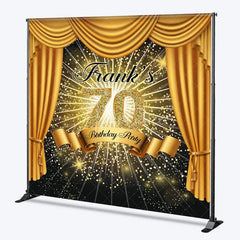 Aperturee - Aperturee Personalized 70th Birthday Party Backdrop Hollywood Gold Curtains and Spotlight Custom Name VIP Event Decor