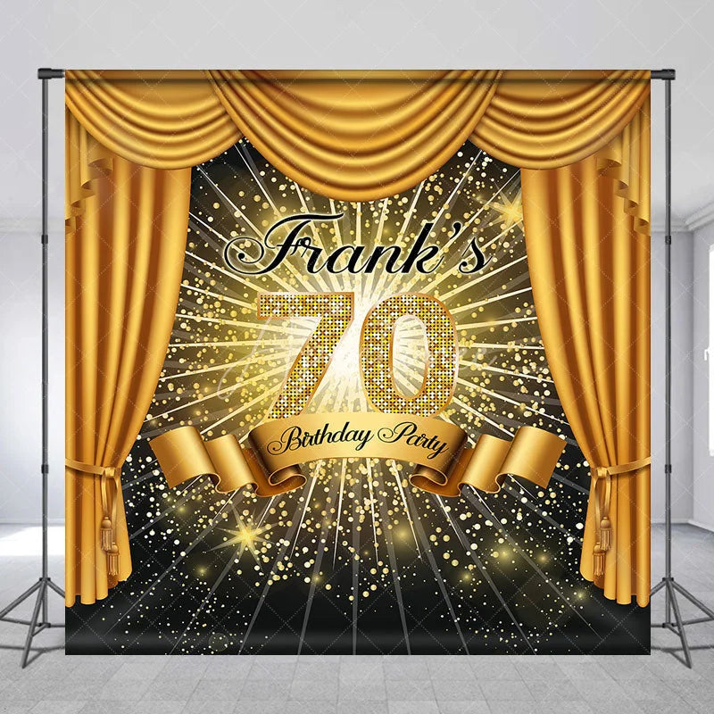 Aperturee - Aperturee Personalized 70th Birthday Party Backdrop Hollywood Gold Curtains and Spotlight Custom Name VIP Event Decor