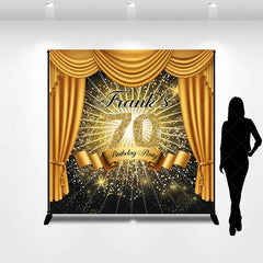 Aperturee - Aperturee Personalized 70th Birthday Party Backdrop Hollywood Gold Curtains and Spotlight Custom Name VIP Event Decor