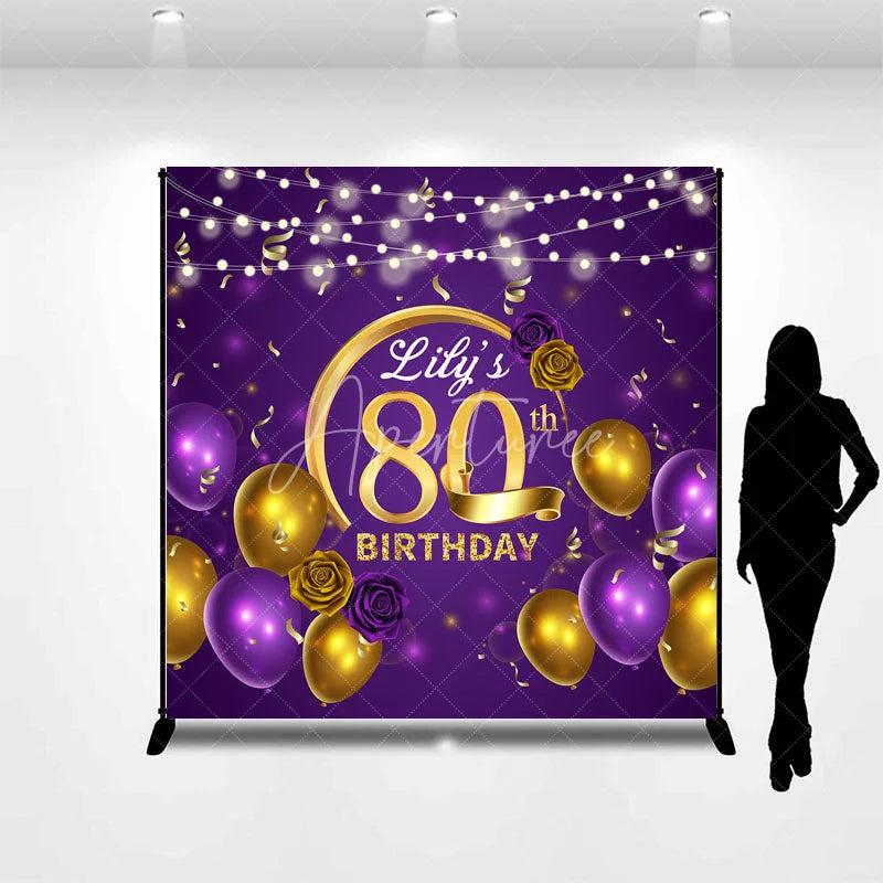 Aperturee - Aperturee Personalized 80th Birthday Backdrop for Her Purple and Gold Balloons Custom Name Elegant Party Photo Booth