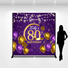 Aperturee - Aperturee Personalized 80th Birthday Backdrop for Her Purple and Gold Balloons Custom Name Elegant Party Photo Booth