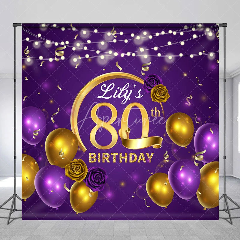 Aperturee - Aperturee Personalized 80th Birthday Backdrop for Her Purple and Gold Balloons Custom Name Elegant Party Photo Booth