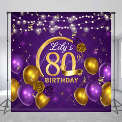 Aperturee - Aperturee Personalized 80th Birthday Backdrop for Her Purple and Gold Balloons Custom Name Elegant Party Photo Booth