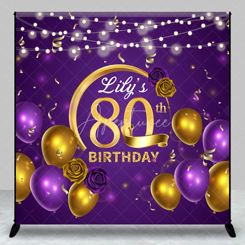 Aperturee - Aperturee Personalized 80th Birthday Backdrop for Her Purple and Gold Balloons Custom Name Elegant Party Photo Booth