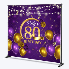 Aperturee - Aperturee Personalized 80th Birthday Backdrop for Her Purple and Gold Balloons Custom Name Elegant Party Photo Booth