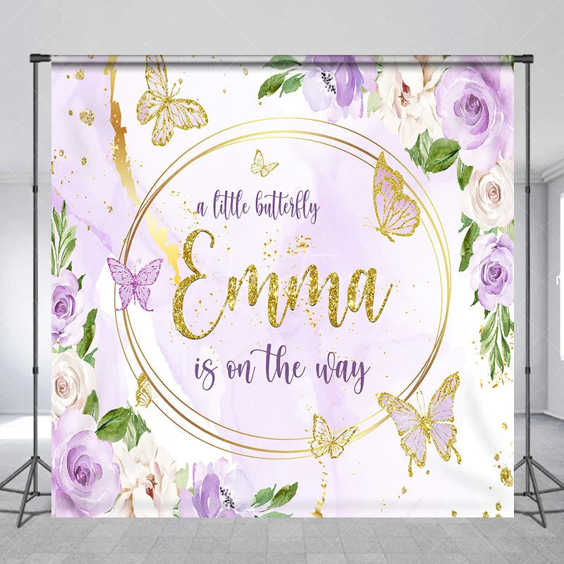 Aperturee - Aperturee Personalized A Little Butterfly is on the Way Backdrop Purple Floral with Gold Custom Name Girl Baby Shower