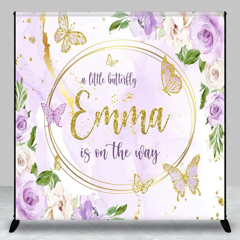 Aperturee - Aperturee Personalized A Little Butterfly is on the Way Backdrop Purple Floral with Gold Custom Name Girl Baby Shower
