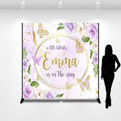 Aperturee - Aperturee Personalized A Little Butterfly is on the Way Backdrop Purple Floral with Gold Custom Name Girl Baby Shower