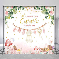Aperturee - Aperturee Personalized A Little Girl is on Her Way Backdrop Pink Floral Clothesline Custom Name Baby Shower Decor