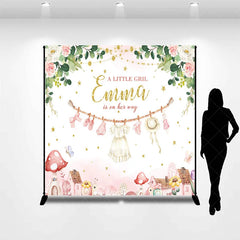 Aperturee - Aperturee Personalized A Little Girl is on Her Way Backdrop Pink Floral Clothesline Custom Name Baby Shower Decor