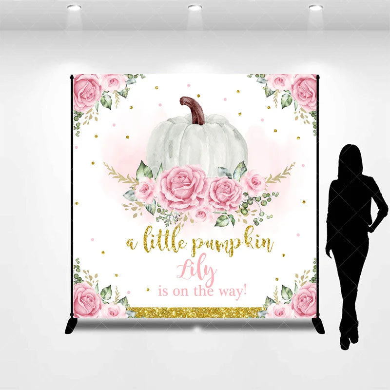Aperturee - Aperturee Personalized A Little Pumpkin is on the Way Backdrop Pink Floral and Gold Custom Name Girl Baby Shower Decor