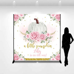 Aperturee - Aperturee Personalized A Little Pumpkin is on the Way Backdrop Pink Floral and Gold Custom Name Girl Baby Shower Decor
