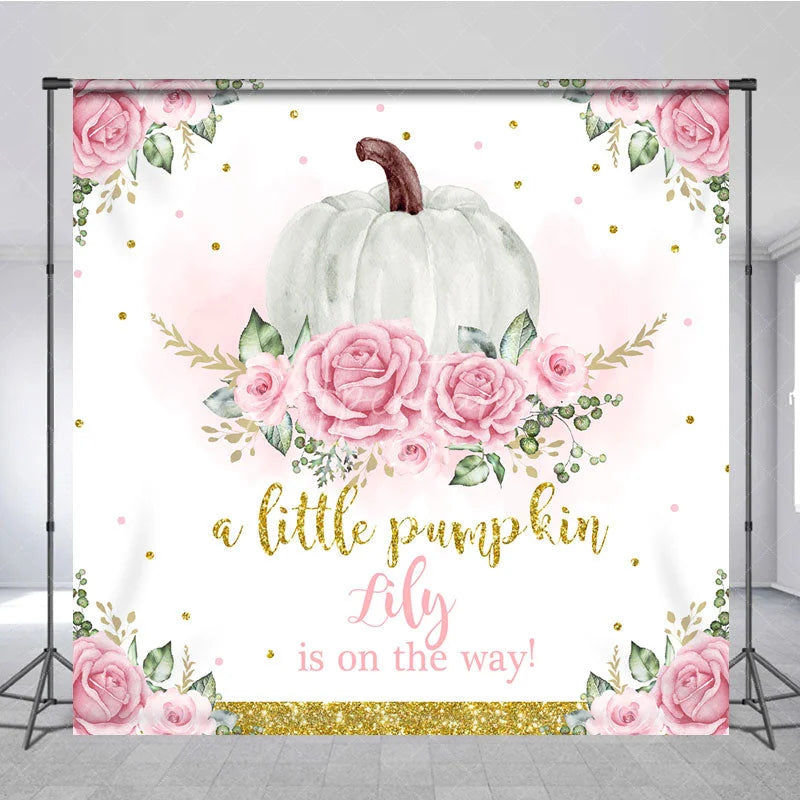 Aperturee - Aperturee Personalized A Little Pumpkin is on the Way Backdrop Pink Floral and Gold Custom Name Girl Baby Shower Decor