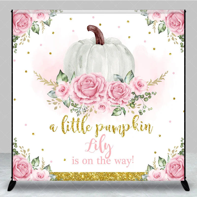 Aperturee - Aperturee Personalized A Little Pumpkin is on the Way Backdrop Pink Floral and Gold Custom Name Girl Baby Shower Decor
