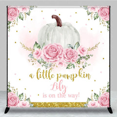 Aperturee - Aperturee Personalized A Little Pumpkin is on the Way Backdrop Pink Floral and Gold Custom Name Girl Baby Shower Decor