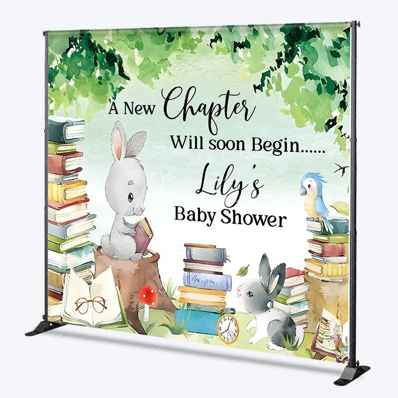 Aperturee - Aperturee Personalized A New Chapter Baby Shower Backdrop Storybook Theme Bunny and Books Party Decor