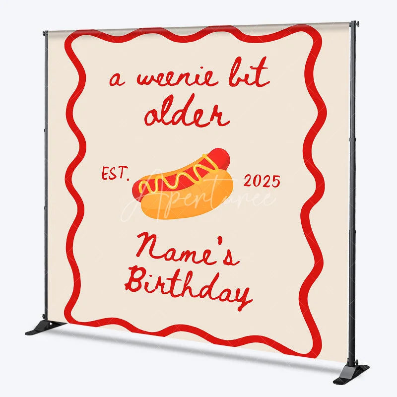 Aperturee - Aperturee Personalized A Weenie Bit Older Birthday Backdrop Custom Name Hot Dog Theme Party Banner