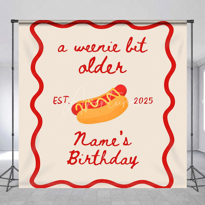 Aperturee - Aperturee Personalized A Weenie Bit Older Birthday Backdrop Custom Name Hot Dog Theme Party Banner