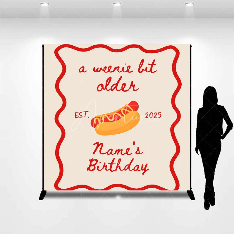 Aperturee - Aperturee Personalized A Weenie Bit Older Birthday Backdrop Custom Name Hot Dog Theme Party Banner