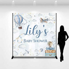 Aperturee - Aperturee Personalized Adventure Awaits Baby Shower Backdrop Hot Air Balloon and Airplane World Map Party Decoration