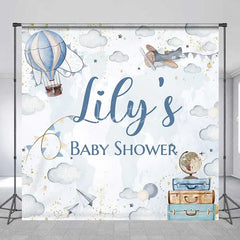 Aperturee - Aperturee Personalized Adventure Awaits Baby Shower Backdrop Hot Air Balloon and Airplane World Map Party Decoration
