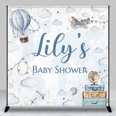Aperturee - Aperturee Personalized Adventure Awaits Baby Shower Backdrop Hot Air Balloon and Airplane World Map Party Decoration