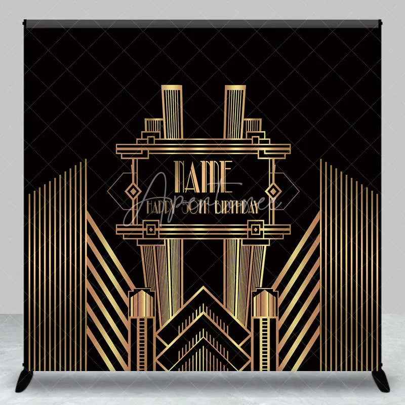 Aperturee - Aperturee Personalized Art Deco Gold 50th Birthday Backdrop Custom Name Gatsby Style Party Banner