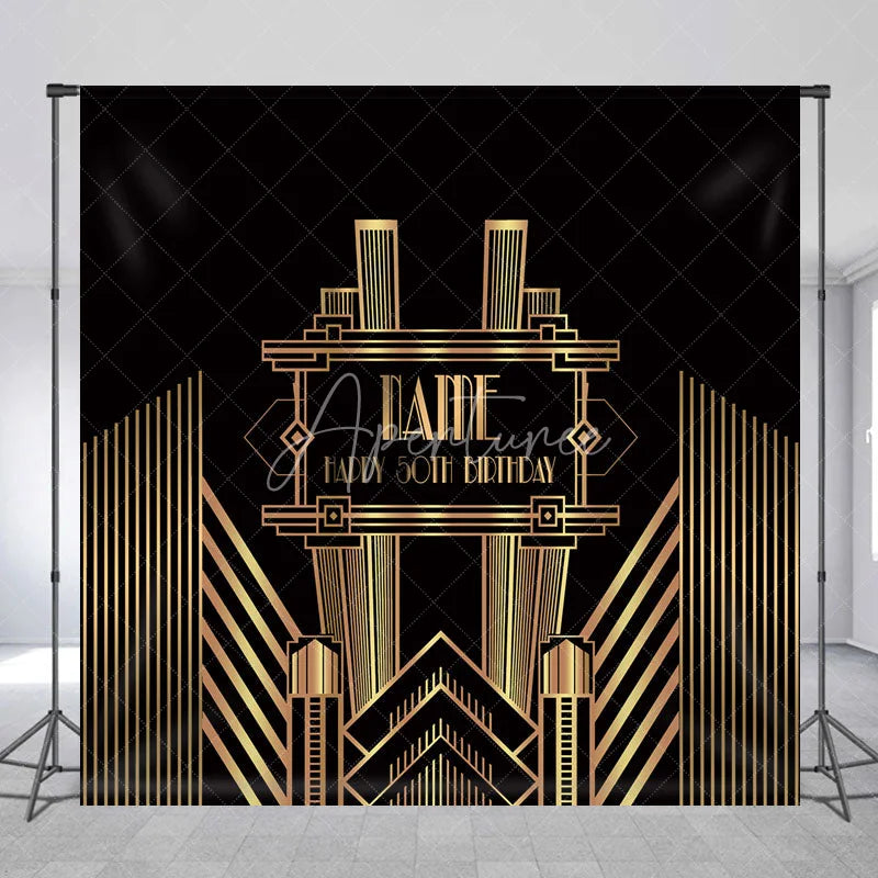 Aperturee - Aperturee Personalized Art Deco Gold 50th Birthday Backdrop Custom Name Gatsby Style Party Banner