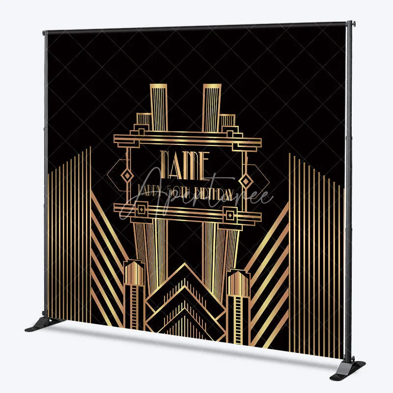 Aperturee - Aperturee Personalized Art Deco Gold 50th Birthday Backdrop Custom Name Gatsby Style Party Banner