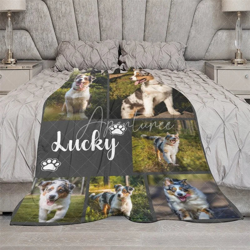 Aperturee - Aperturee Personalized Australian Shepherd Blanket with Custom Name Photo Collage Memorial Gift for Dog Lovers