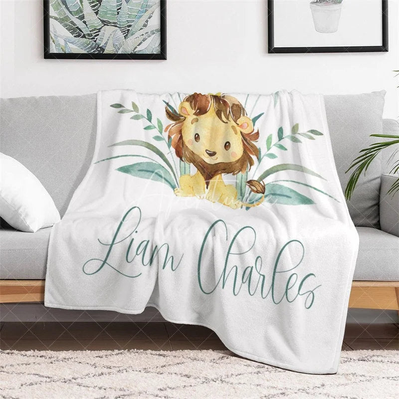 Aperturee - Aperturee Personalized Baby Blanket for Boy Custom Lion King of Jungle Safari Animal Nursery Decor Swaddle