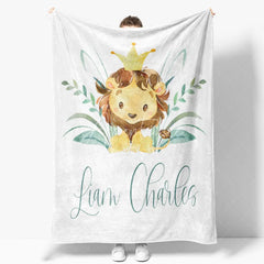 Aperturee - Aperturee Personalized Baby Blanket for Boy Custom Lion King of Jungle Safari Animal Nursery Decor Swaddle