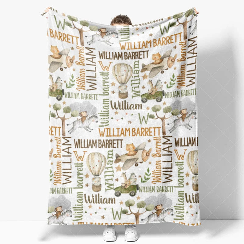 Aperturee - Aperturee Personalized Baby Blanket for Boy Custom Safari Animals Travel Hot Air Balloon Plane Nursery Decor