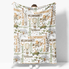 Aperturee - Aperturee Personalized Baby Blanket for Boy Custom Safari Animals Travel Hot Air Balloon Plane Nursery Decor