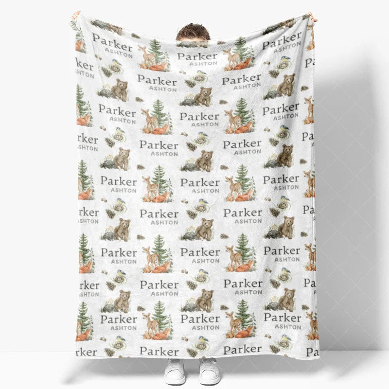 Aperturee - Aperturee Personalized Baby Blanket for Boy Custom Woodland Animals Deer Bear Forest Theme Nursery Decor Swaddle