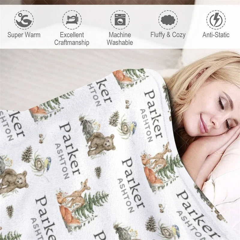 Aperturee - Aperturee Personalized Baby Blanket for Boy Custom Woodland Animals Deer Bear Forest Theme Nursery Decor Swaddle