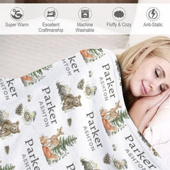 Aperturee - Aperturee Personalized Baby Blanket for Boy Custom Woodland Animals Deer Bear Forest Theme Nursery Decor Swaddle
