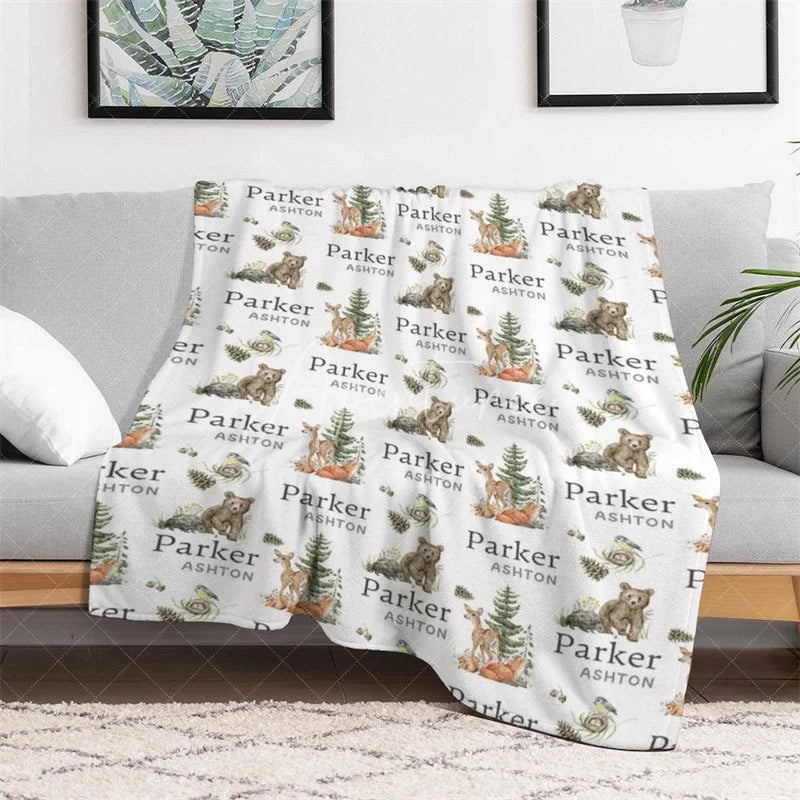 Aperturee - Aperturee Personalized Baby Blanket for Boy Custom Woodland Animals Deer Bear Forest Theme Nursery Decor Swaddle