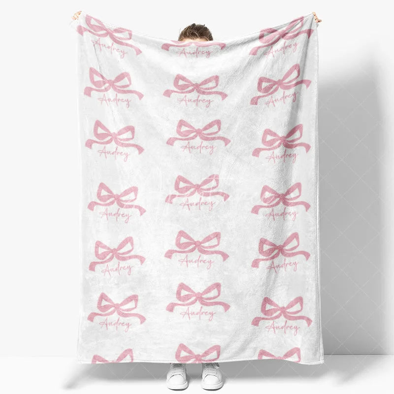 Aperturee - Aperturee Personalized Baby Blanket for Girl Custom Pink Bows Pattern Coquette Aesthetic Nursery Swaddle Gift