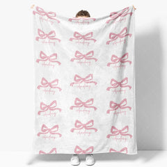 Aperturee - Aperturee Personalized Baby Blanket for Girl Custom Pink Bows Pattern Coquette Aesthetic Nursery Swaddle Gift
