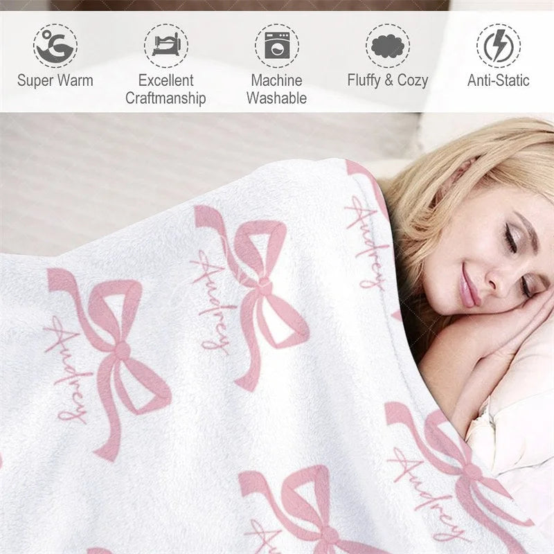 Aperturee - Aperturee Personalized Baby Blanket for Girl Custom Pink Bows Pattern Coquette Aesthetic Nursery Swaddle Gift