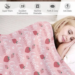 Aperturee - Aperturee Personalized Baby Blanket for Girl Custom Pink Strawberry Fruit Pattern Sweet Summer Nursery Decor