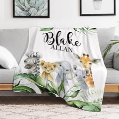 Aperturee - Aperturee Personalized Baby Blanket Jungle Safari Custom Name Green Leaves Animals Swaddle Newborn Boy Nursery Decor