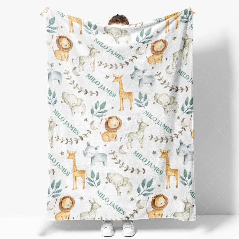 Aperturee - Aperturee Personalized Baby Blanket Safari Animals Custom Name Jungle Lion Giraffe Pattern Throw Boy Shower Gift