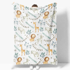 Aperturee - Aperturee Personalized Baby Blanket Safari Animals Custom Name Jungle Lion Giraffe Pattern Throw Boy Shower Gift