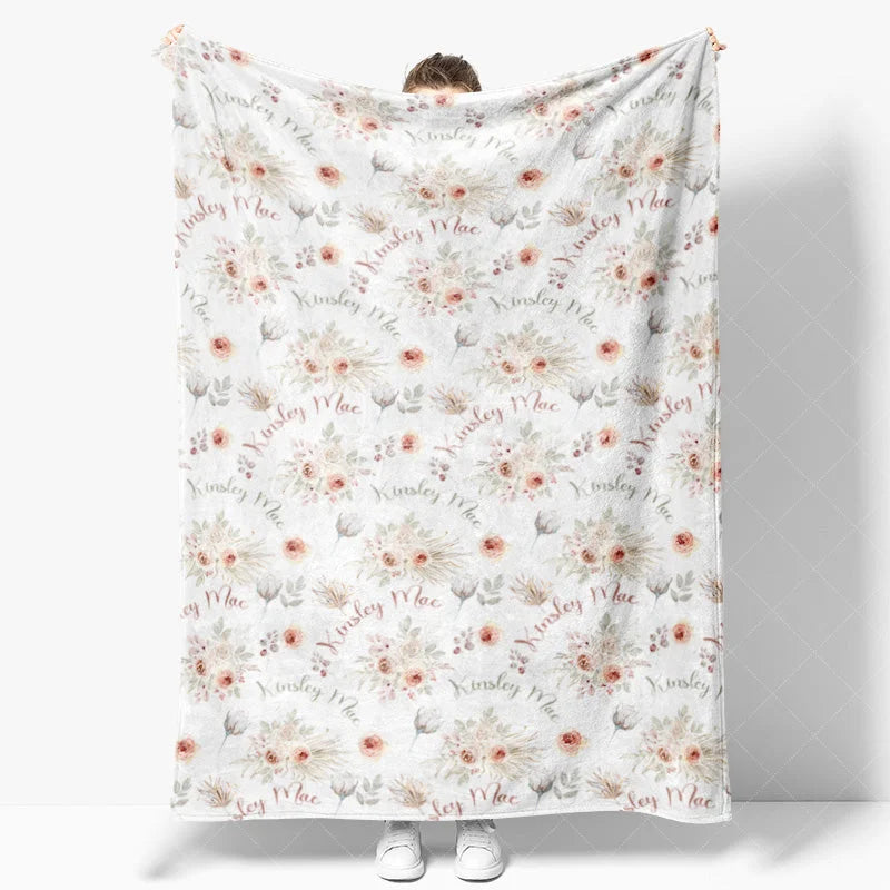 Aperturee - Aperturee Personalized Baby Blanket with Name Boho Pink Floral Rose Pattern Swaddle Custom Girl Nursery Bedding Gift