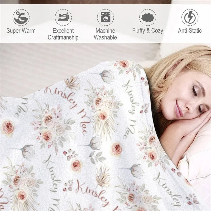 Aperturee - Aperturee Personalized Baby Blanket with Name Boho Pink Floral Rose Pattern Swaddle Custom Girl Nursery Bedding Gift